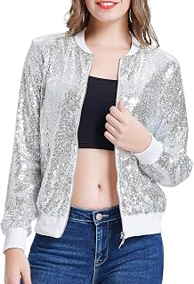 KANCY KOLE Womens Sequin Long Sleeve Zip Front Bomber Blazer S-2XL