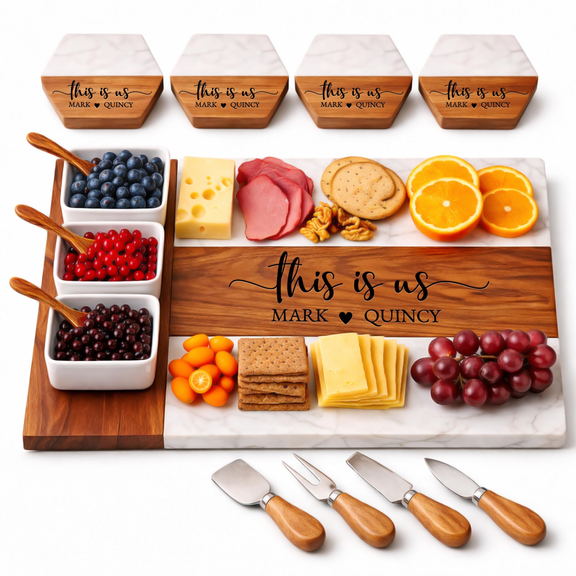 Personalized Charcuterie Board Set - Custom Engraved Wooden Marble Cheese Board 