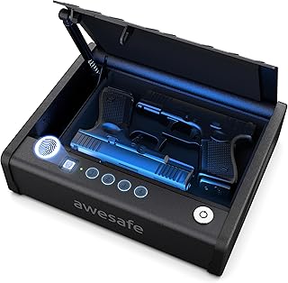 awesafe Biometric Gun Safe, Pistol Safe with Fingerprint Digital PIN Key | Quick Access Handgun Safe, Portable Car Gun Safe, Gun Lock Box with Gas Strut for Nightstand Bedside Cloakroom Living Room