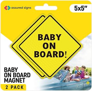 ASSURED SIGNS Baby On Board MAGNET Sign for Car, 2 Pack, 5" by 5" | Alert Drivers to Precious Cargo, Tailgating Deterrent, Reflective, Easy Repositioning, Fade Resistant, Parental Peace of Mind