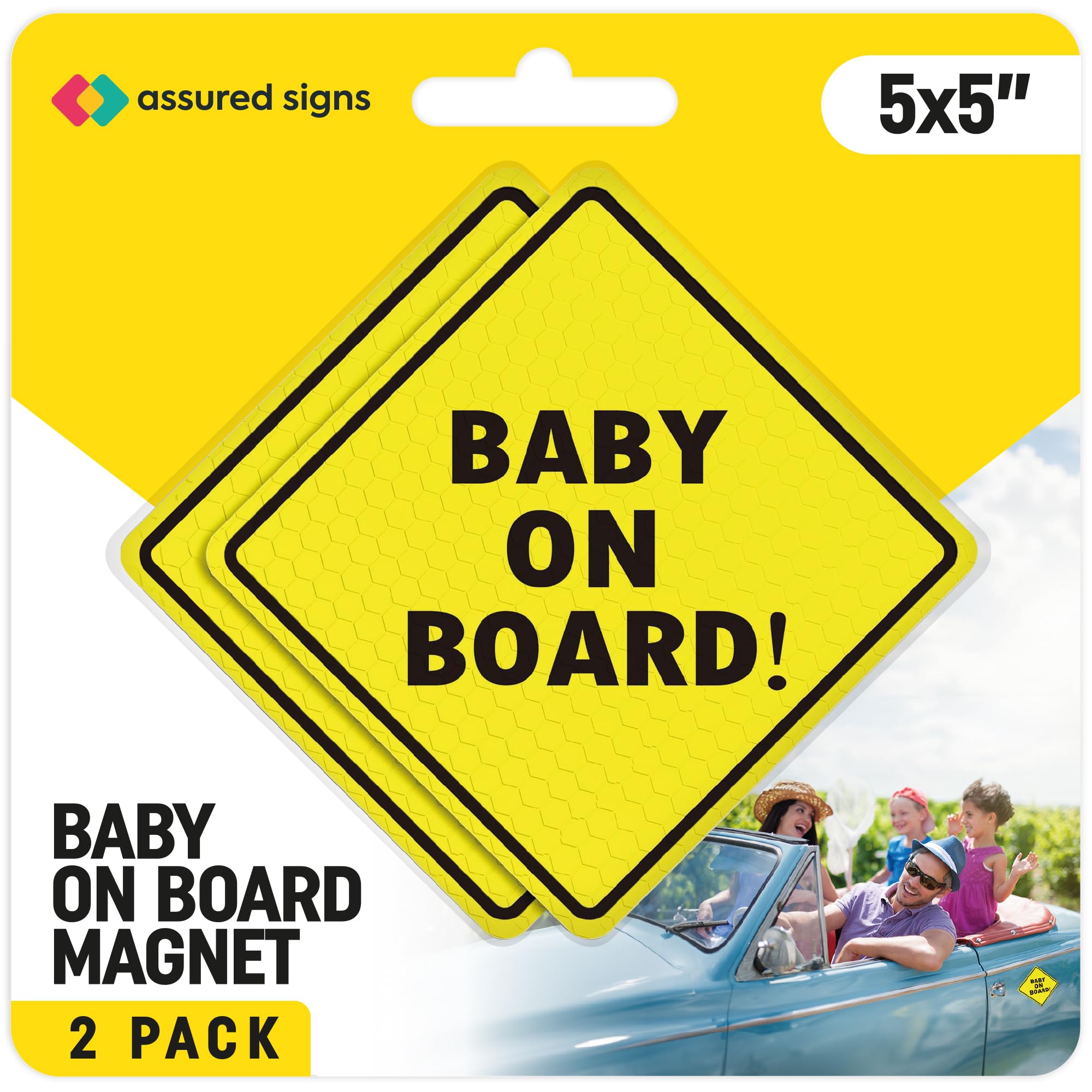 ASSURED SIGNS Baby On Board MAGNET Sign for Car, 2 Pack, 5" by 5" | Alert Driver
