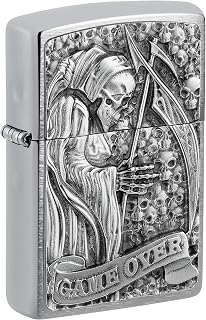 Zippo Windproof Lighter - Reaper Game Over 3D, Brushed Chrome, Emblem - Refillable - Reusable - Windproof Design - Gift Box - Made in USA