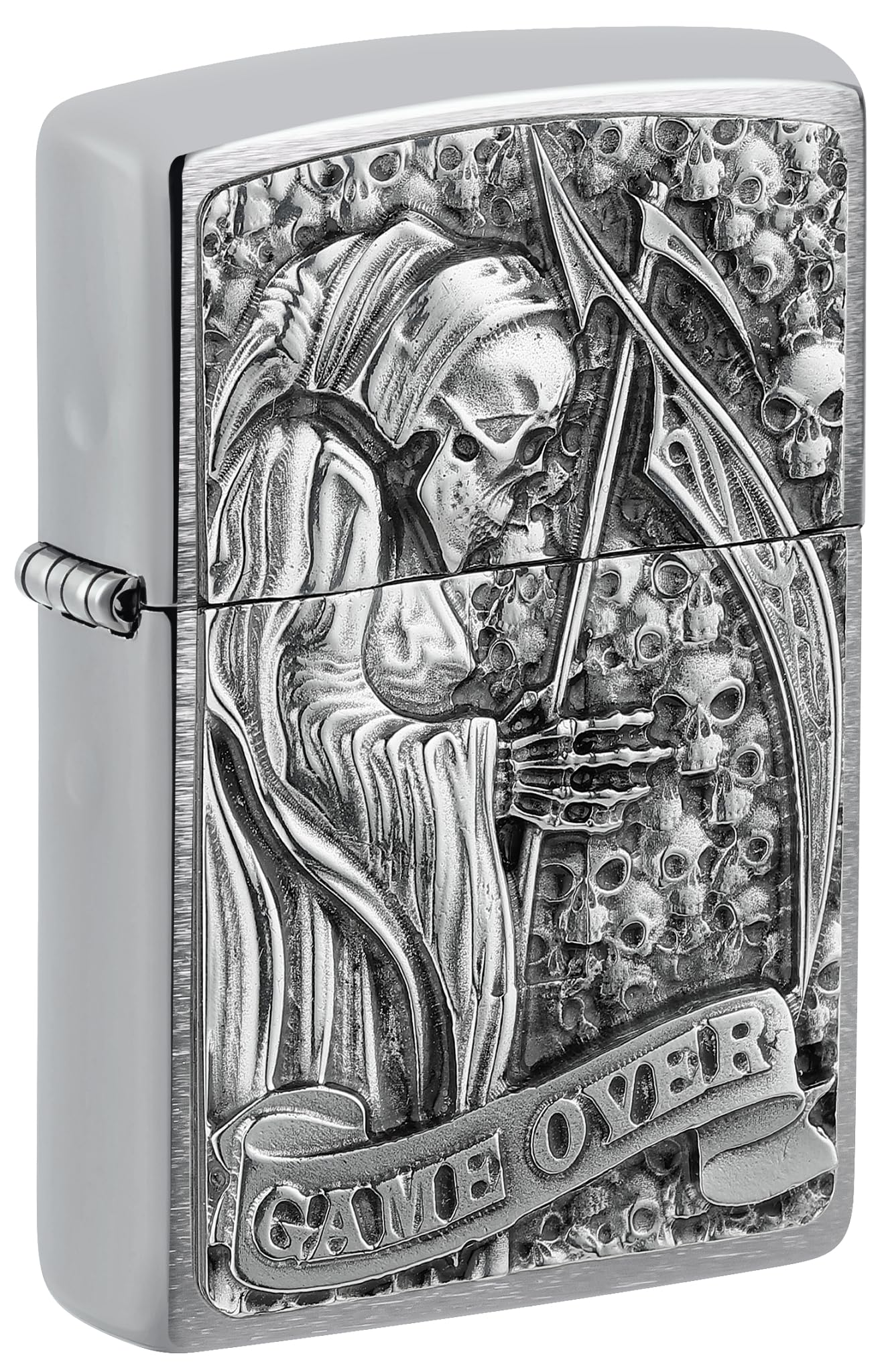 Zippo Windproof Lighter - Reaper Game Over 3D, Brushed Chrome, Emblem - Refillab