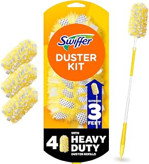 Swiffer Duster Kit with 3ft Extendable Handle, Heavy Duty Dusting Starter Kit with 4 Refills, for Ceiling Fans, Vents and Hard to Reach Places