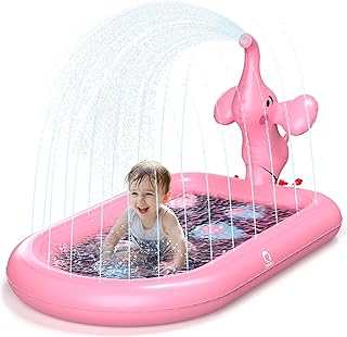 QPAU Splash Pads for Toddlers 1-3, Pink Elephant Toy | Inflatable Sprinkler Pool and Outdoor Water Play Mat for Kids, Designed for 1 Year Old Girl Gifts