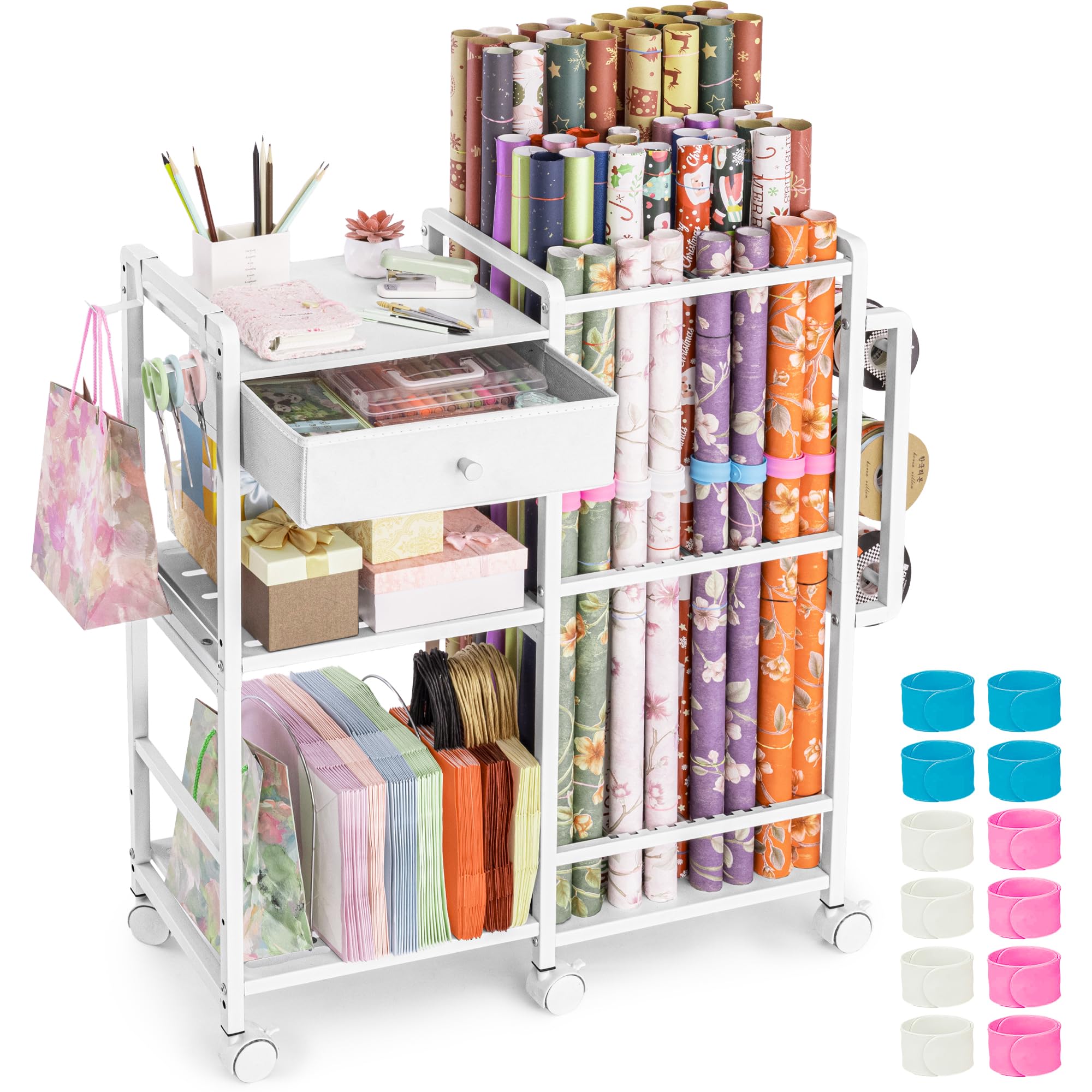 Aquzee Wrapping Paper Storage, Rolling Gift Wrap Station, 9 Adjustable Rod Desig