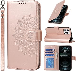 ELTEKER iPhone 12 Case, iPhone 12 Pro Case, with 3 Card Slots Magnetic Closure Leather Elegant Embossing Wallet Case for iPhone 12/12 Pro, Rose Gold