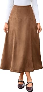 Simplee Womens Faux Suede Midi Skirt High Waist A Line Fall Skirt