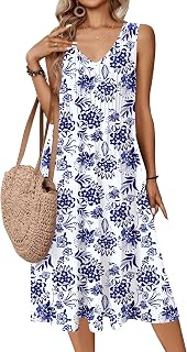 Zeagoo Women Summer Casual Dresses 2026 Sleeveless Midi Pleated Tank Sundress with Pockets V Neck A Line Swing Tshirt Dress