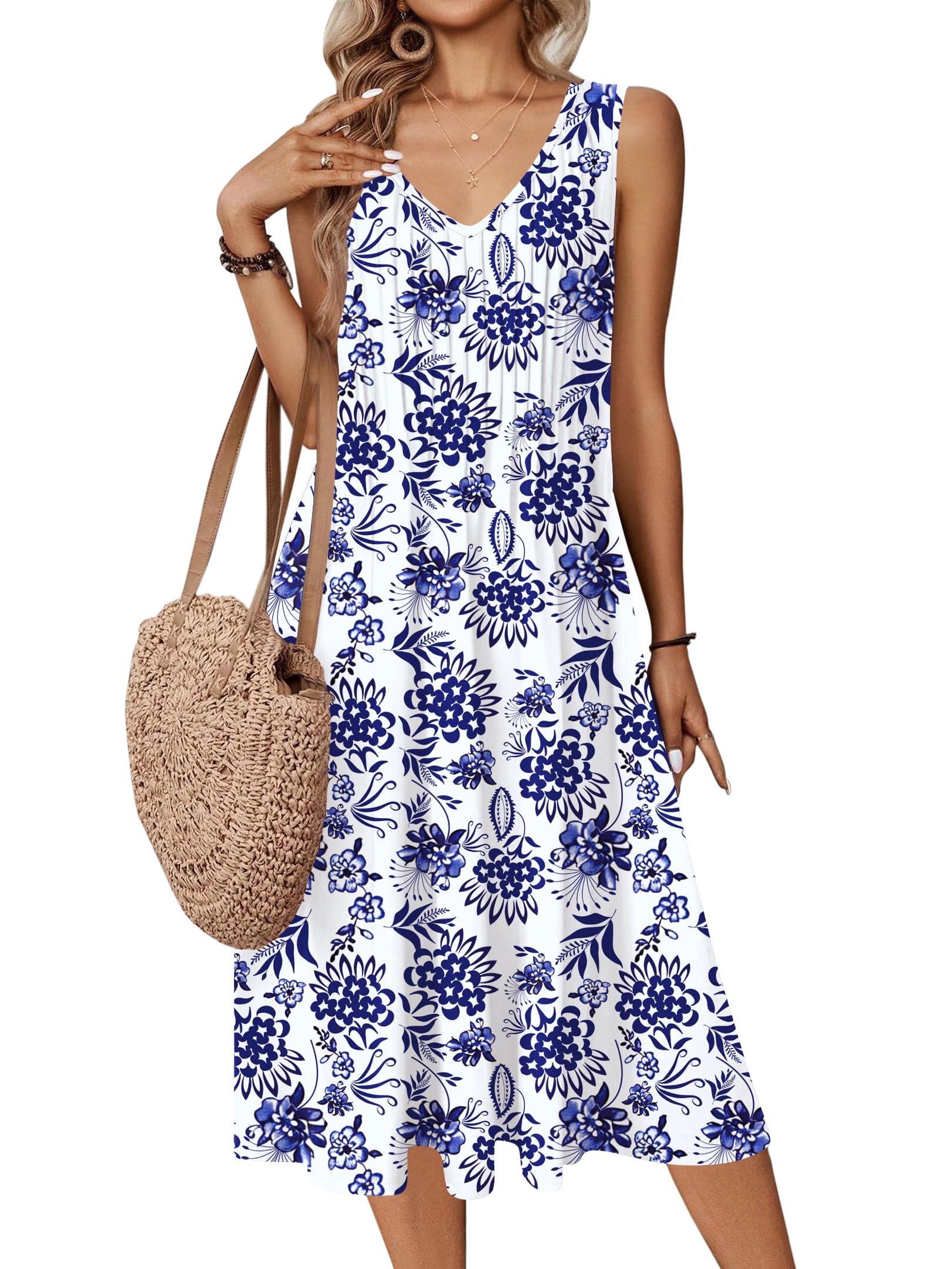 Zeagoo Women Summer Casual Dresses 2026 Sleeveless Midi Pleated Tank Sundress wi