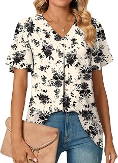 Anyally レディース サマー ドレッシー シフォン ブラウス Vネック フリル 半袖 チュニック トップス レギンス カジュアル Tシャツ