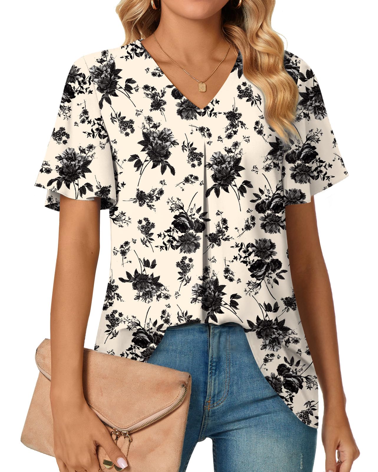 Anyally レディース サマー ドレッシー シフォン ブラウス Vネック フリル 半袖 チュニック トップス レギンス カジュアル Tシャツ
