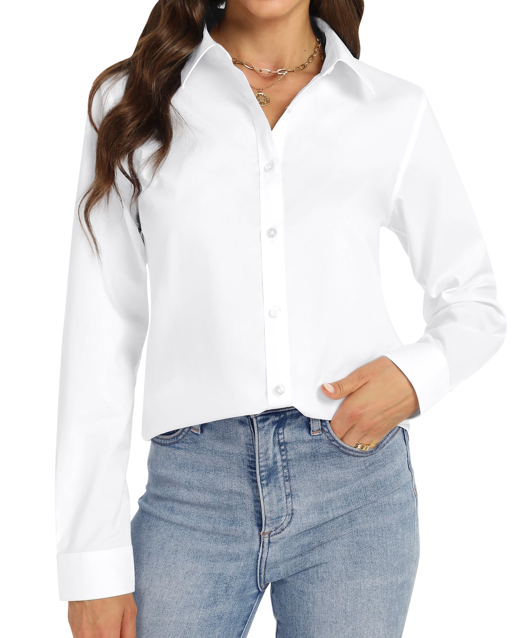 J.VER Womens Long Sleeve Button Down Shirt Stretch Plain White L