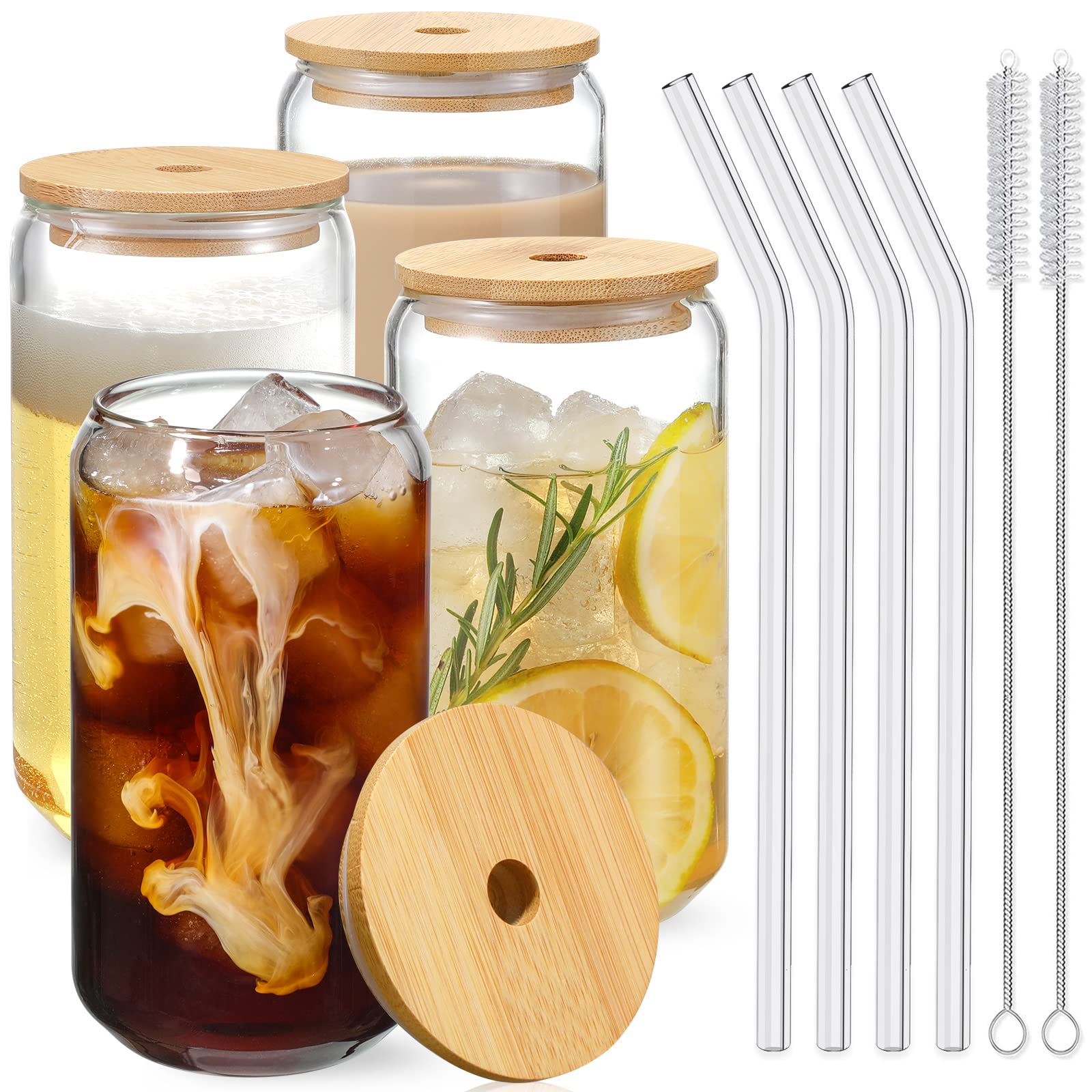 Drinking Glasses with Bamboo Lids and Glass Straw 4pcs Set - 16oz Glass Cups, Ic