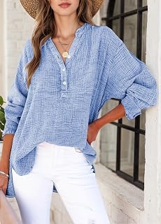 Womens Casual Long Sleeve V Neck Button Down Oversized Shirt Wrinkle Detail Soft Cotton Pocket Shirt