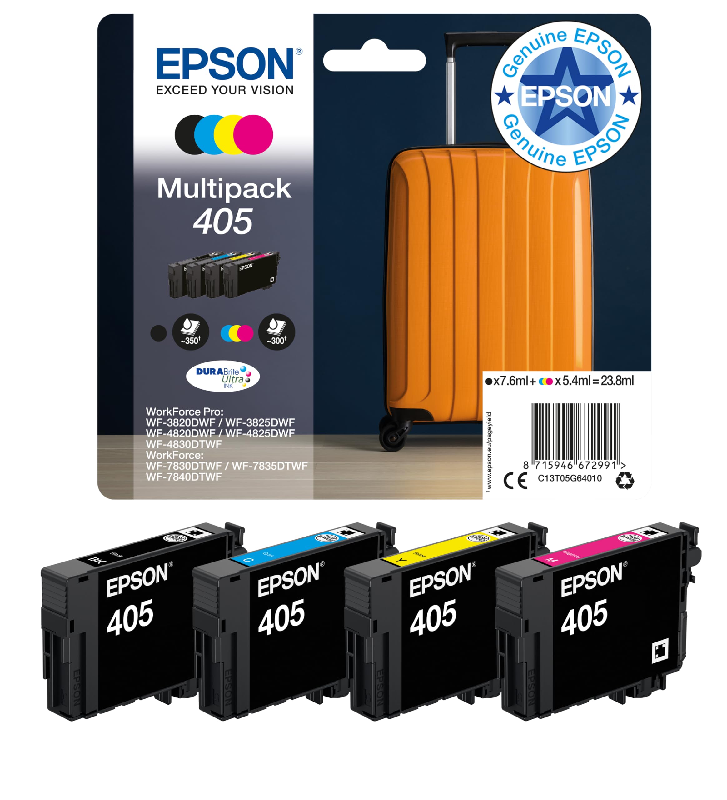 Epson 405 Suitcase Genuine Multipack, 4-colours Ink Cartridges, DURABrite Ultra 