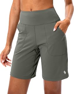 SANTINY Women's Bermuda Shorts with Zip Pocket High Waist Long Shorts for Running Athletic Workout