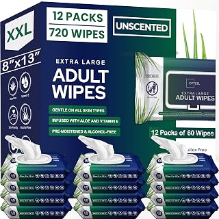 Adult Wipes For Elderly - 8"x13" 720ct (12 Packs of 60) Huge & Soft Non-Flushable Body Wipes for Adults Bathing No-Rinse - Incontinence Disposable Washcloths, Vitamin E & Aloe Infused