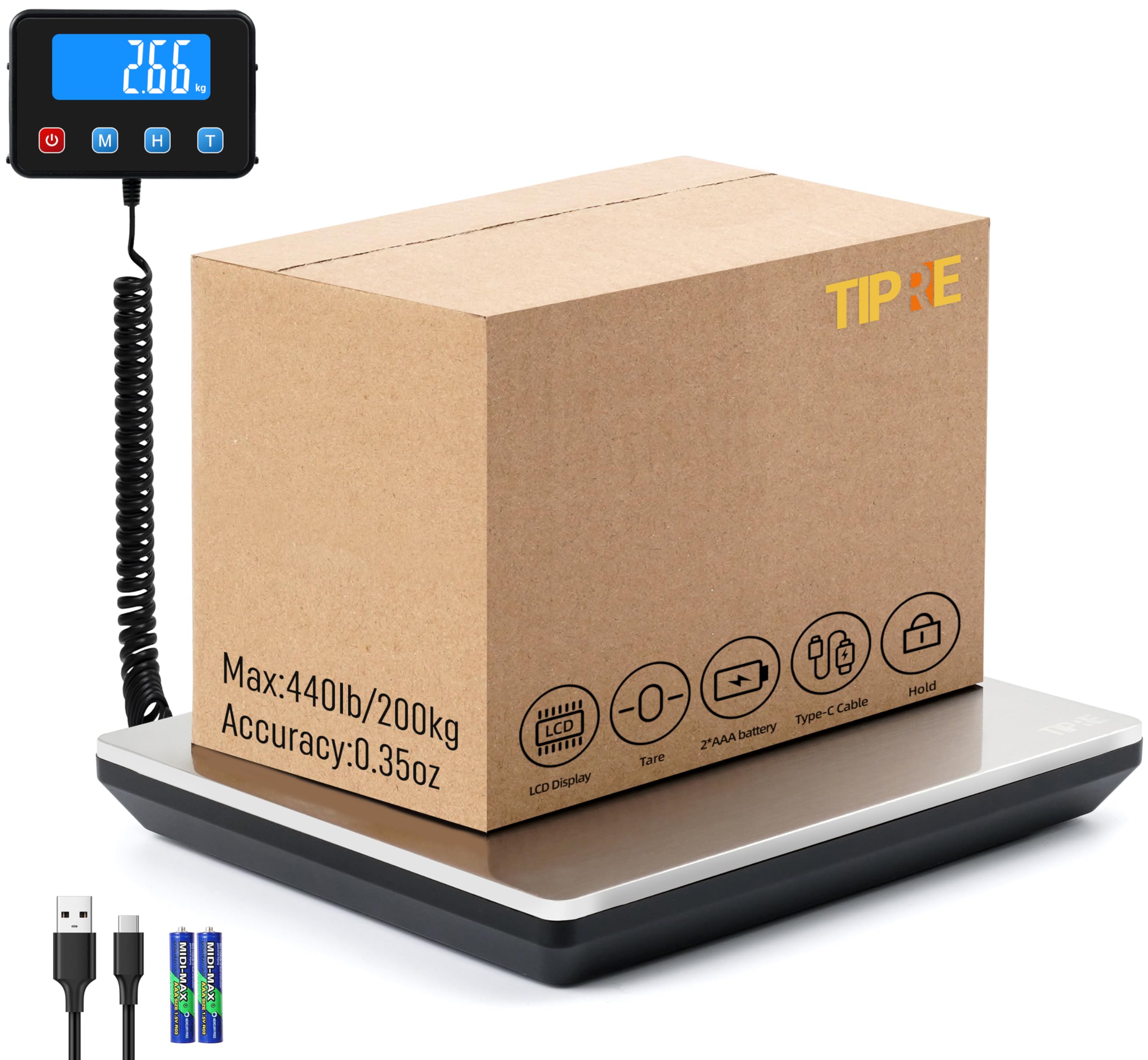 TIPRE Shipping Scale 440lbs for Packages, Heavy Duty Digital Postal Scale with L