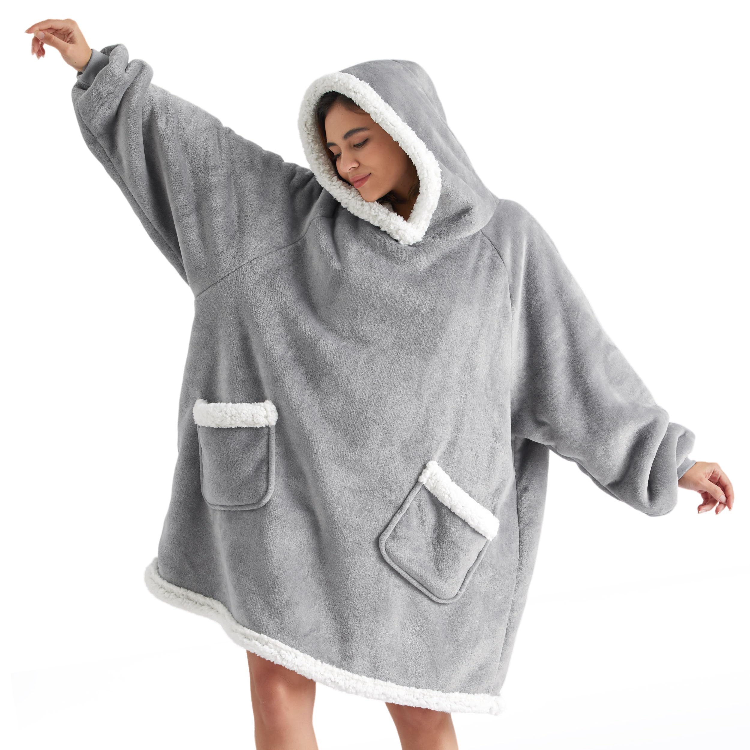 Bedsure Wearable Blanket Sherpa Hoodie Halloween Gifts, Grey, Standard | Gifts f