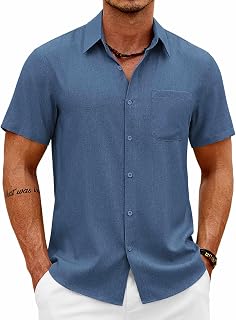 COOFANDY Mens Short Sleeve Button Down Shirts Casual Summer Shirts Linen Beach Shirt with Pocket