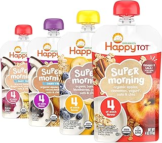 Happy Tot Organics Stage 4 Baby Food Pouches, Gluten Free, Super Morning Fruit & Oat Variety Pack Blend 4 Oz (Pack of 16), Amazon Exclusive