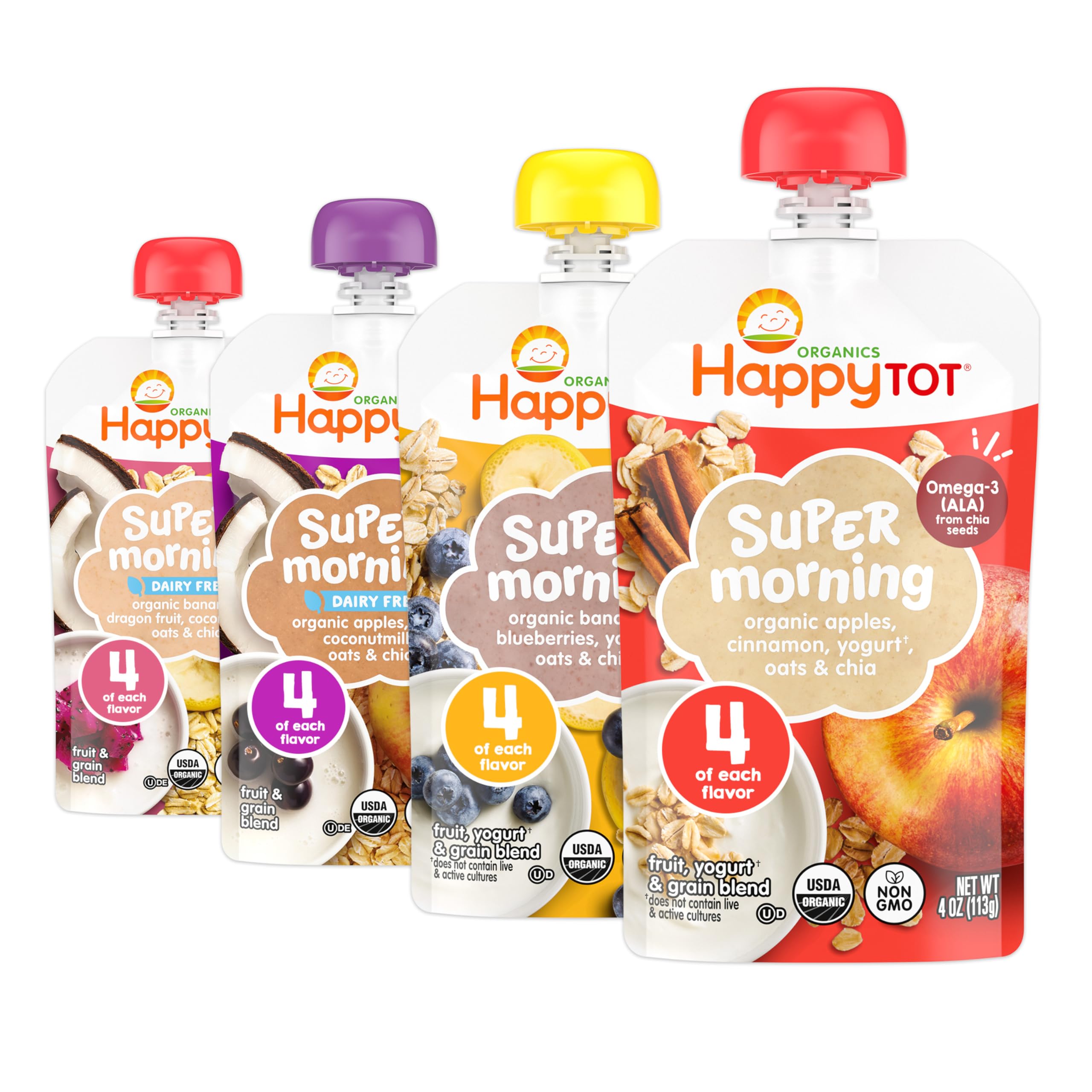Happy Tot Organics Stage 4 Baby Food Pouches, Gluten Free, Super Morning Fruit &