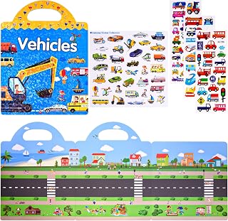 ASTARON Reusable 3D Puffy Sticker Book for Kids, 88 Pcs Cute Waterproof Vehicles Stickers, Puffy Sticker Game Travel Stickers and Educational Sensory Learning Toy（3-6 Age）