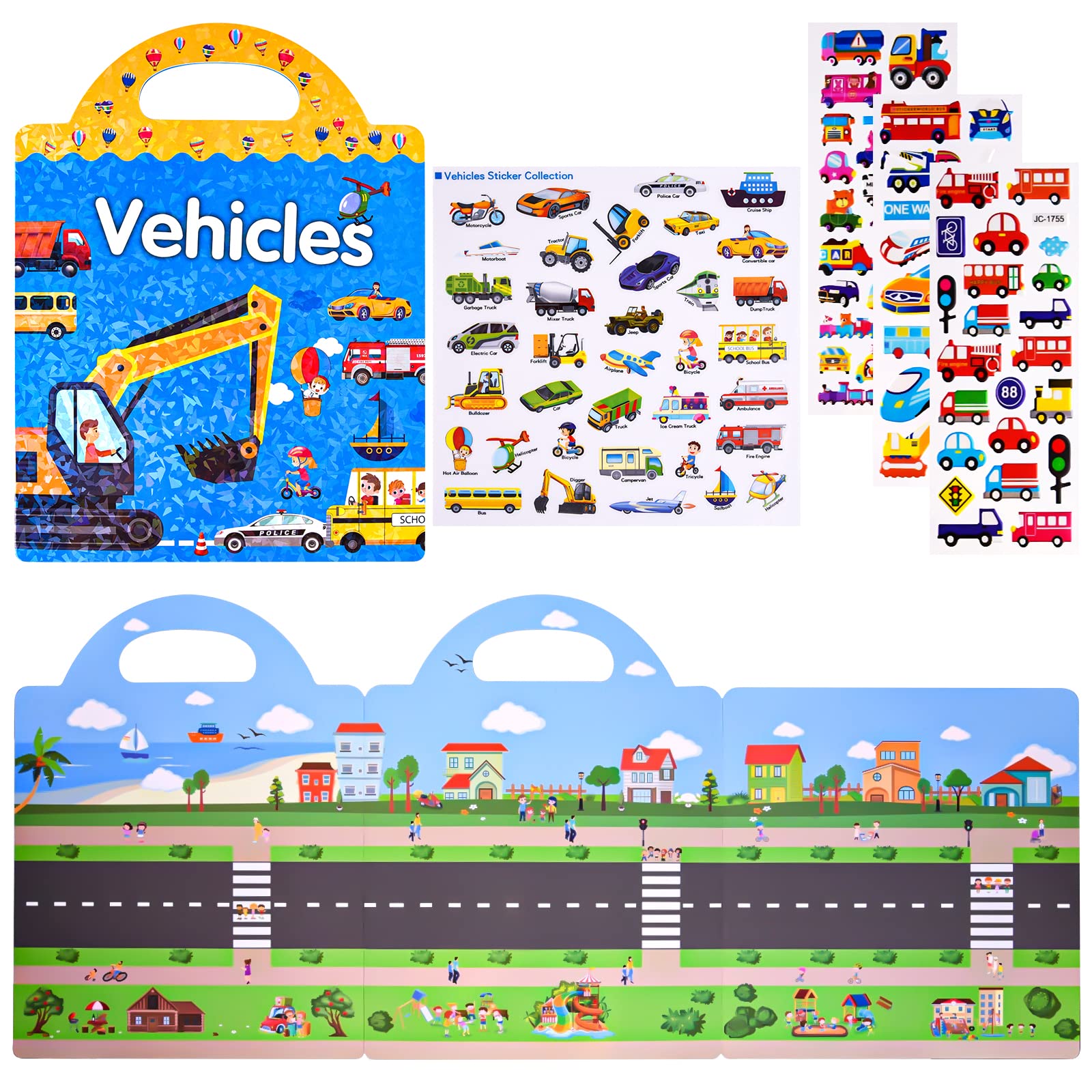 ASTARON Reusable 3D Puffy Sticker Book for Kids, 88 Pcs Cute Waterproof Vehicles