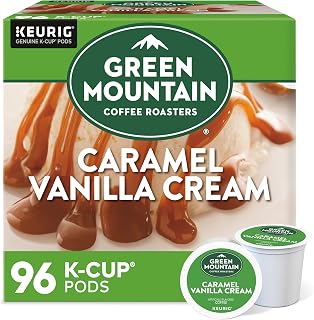 Green Mountain Caramel Vanilla Cream Coffee, K-Cup Pods, 96 Count | Light roast, Warm caramel, Vanilla cream & brown sugar notes, Responsibly sourced, Kosher, 4 Packs of 24