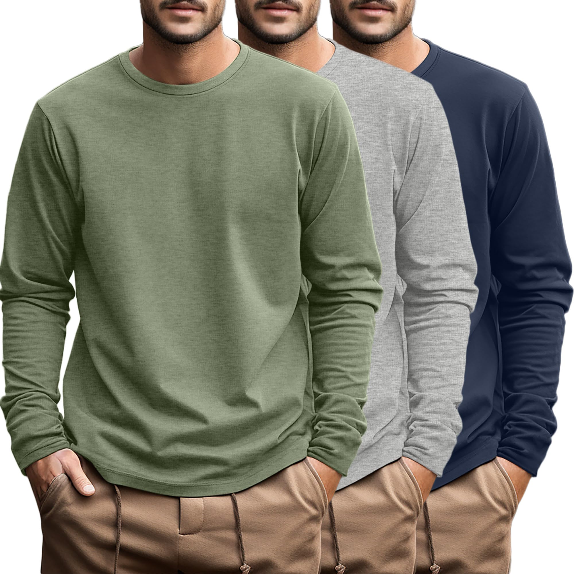 Ficerd 3 Pack Men's Plus Size T Shirts, Cotton Long Sleeve T-Shirts, Round Neck 