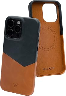 Wilken Leather Case Compatible with iPhone | MagSafe and Wireless Charging Compatible | Top Grain Leather | Lip Screen Protector | Custom Metal Button Controls (15 Pro Max, Tan/Blue)