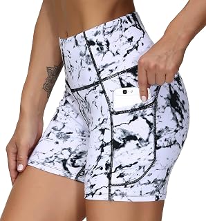 THE GYM PEOPLE ハイウエストヨガショーツ レディース 腹部コントロール フィットネス アスレチック ワークアウト ランニングショーツ 深いポケット付き