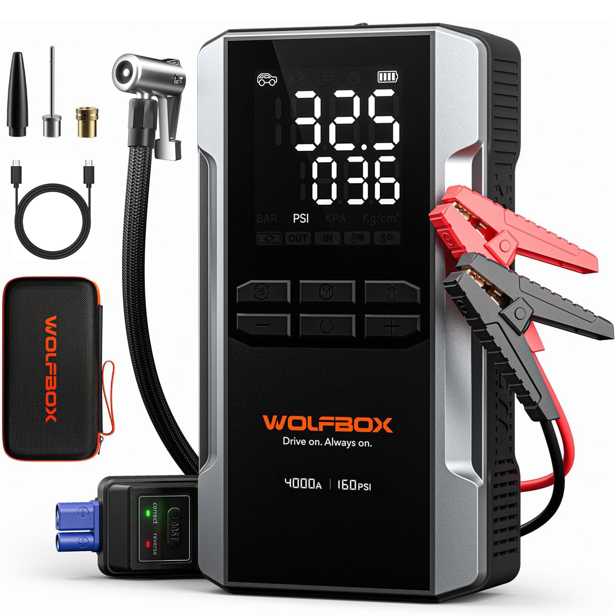 WOLFBOX MV24A 4000A Jump Starter with 160PSI Air Compressor, 12V Car Battery Boo