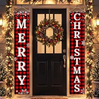 Ivenf Christmas Decorations Outdoor Yard Front Porch Sign Set, Red Black Buffalo Plaid Door Banner, Hanging Merry Christmas Decorations for Home, Indoor Outdoor Xmas Decor Wall Front Door Yard Garage