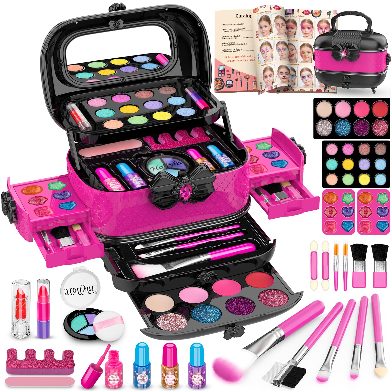 Hollyhi 58 Pcs Kids Makeup Toys Kit for Girls, Real Washable Make Up Set | Safet