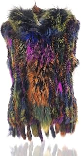 Women's 100% Natural Knit Rabbit Fur Vest With Raccoon Fur Collar