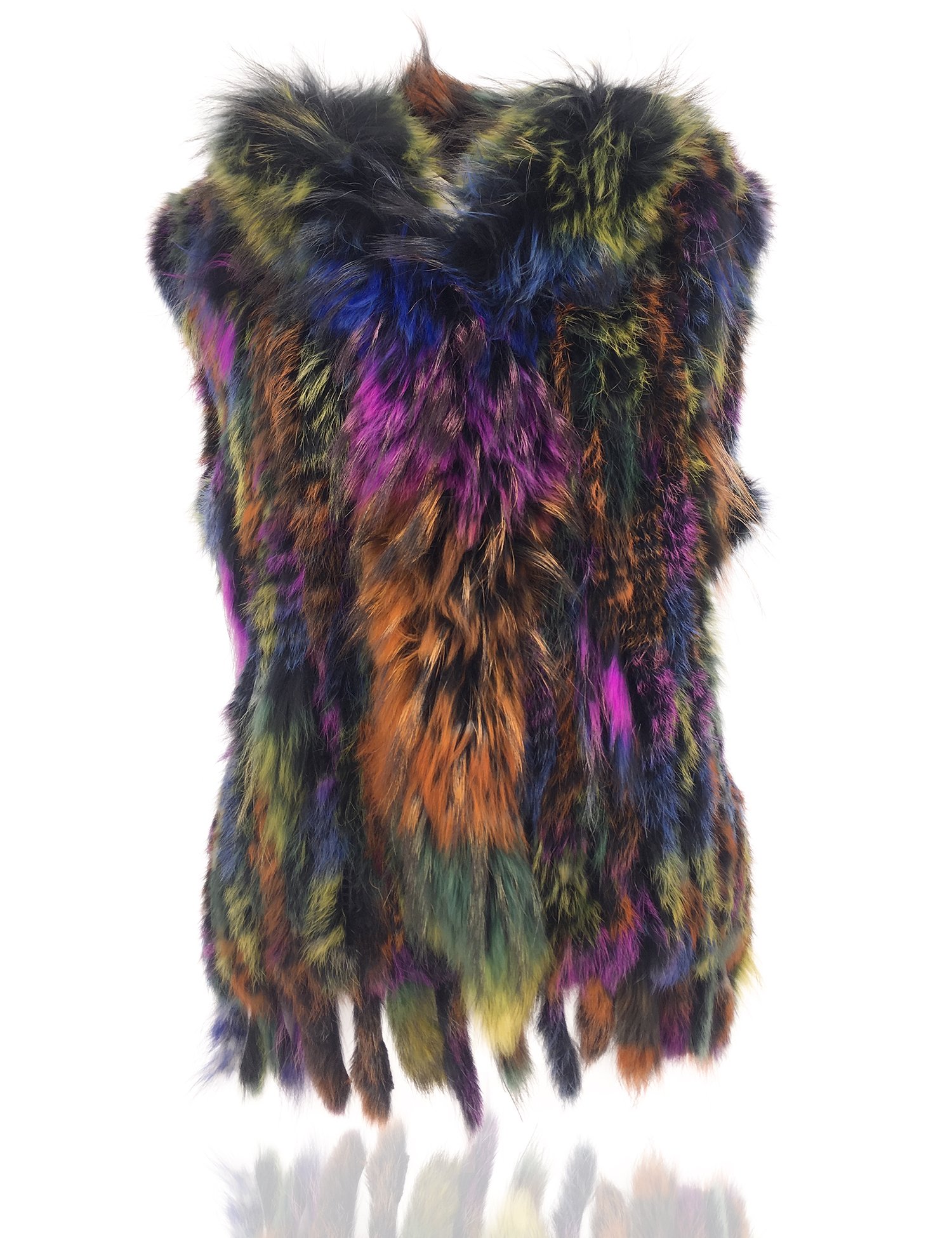Women's 100% Natural Knit Rabbit Fur Vest With Raccoon Fur Collar