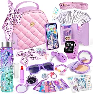 Hohosunlar Play Purse for Little Girls 3-12 with Pretend Makeup Phone Watch | DIY Mermaid Water Bottle w/ 3 Stickers, Toddler Purse with Wallet, Key, Cards, Princess Birthday Christmas Gift Toys for Girl