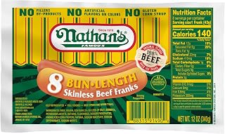 Nathans, 8 Bun Length Skinless Beef Franks, 12 Ounce
