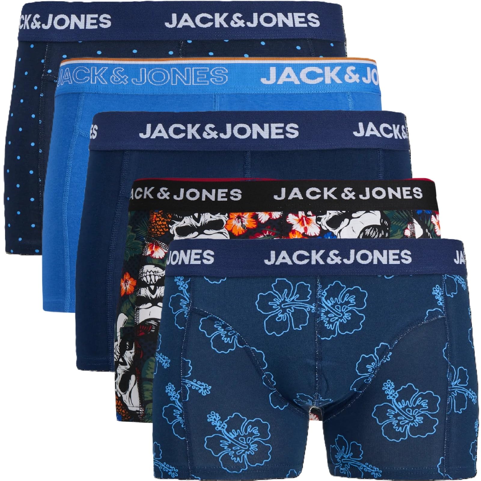Jack & Jones Men's Boxer Shorts, Set of 5, White, Black, Blue and Grey, 95% Cott