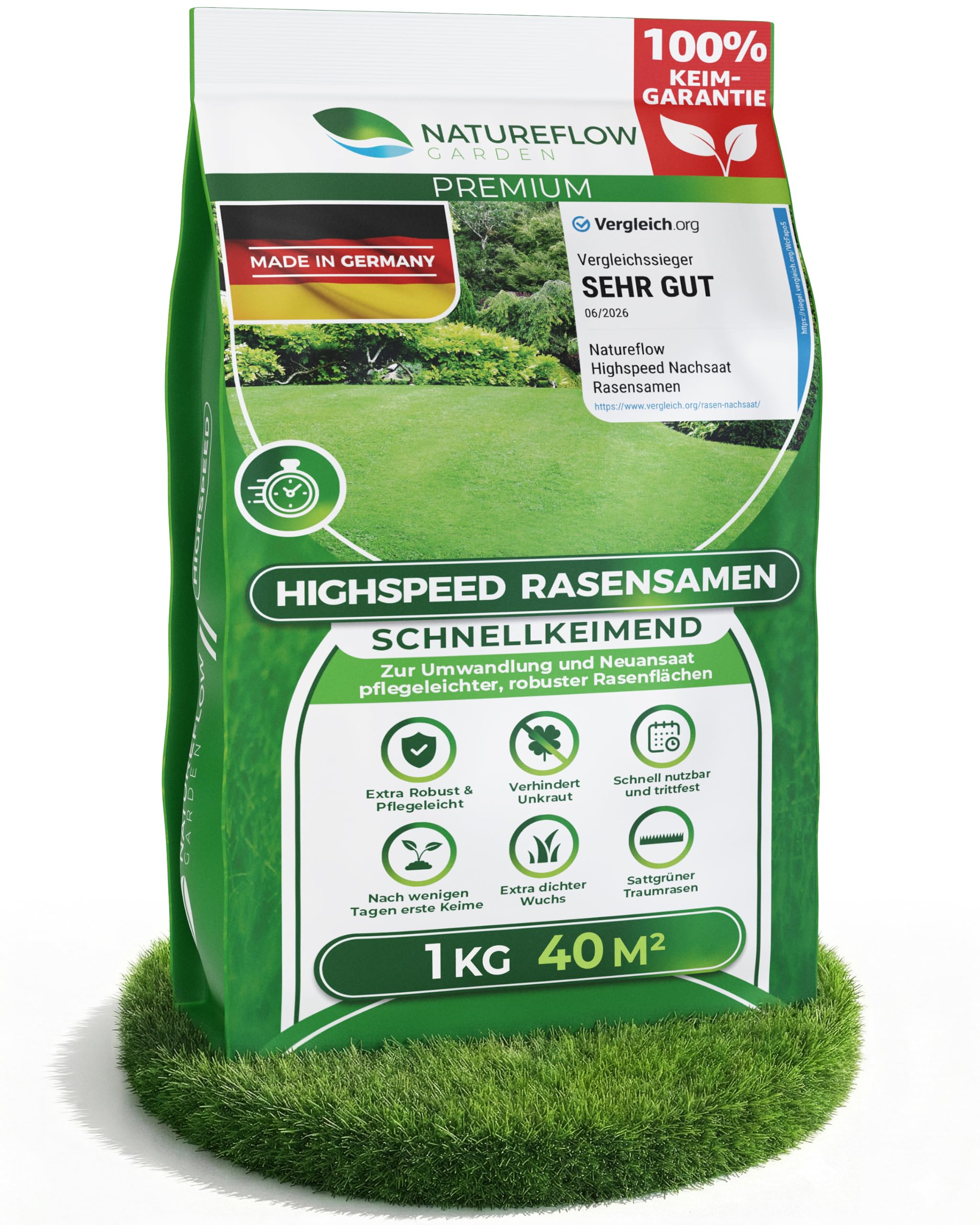 Natureflow Quick Germinating Summer Lawn Seeds 1 kg - Test Very Good - Grass See