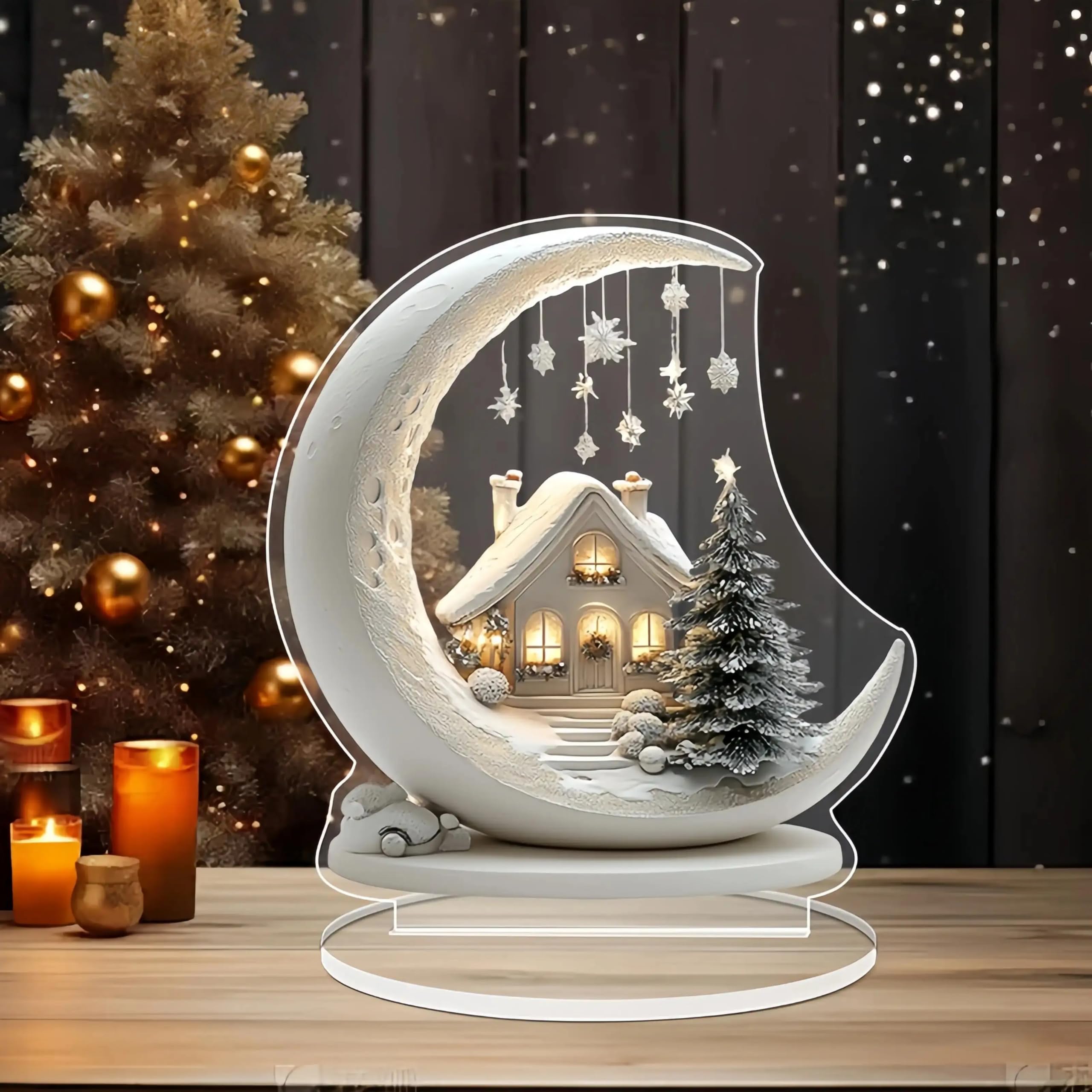 Bohemian Moonlight Cottage Acrylic Christmas Tree Desktop Decoration - Snow Scen
