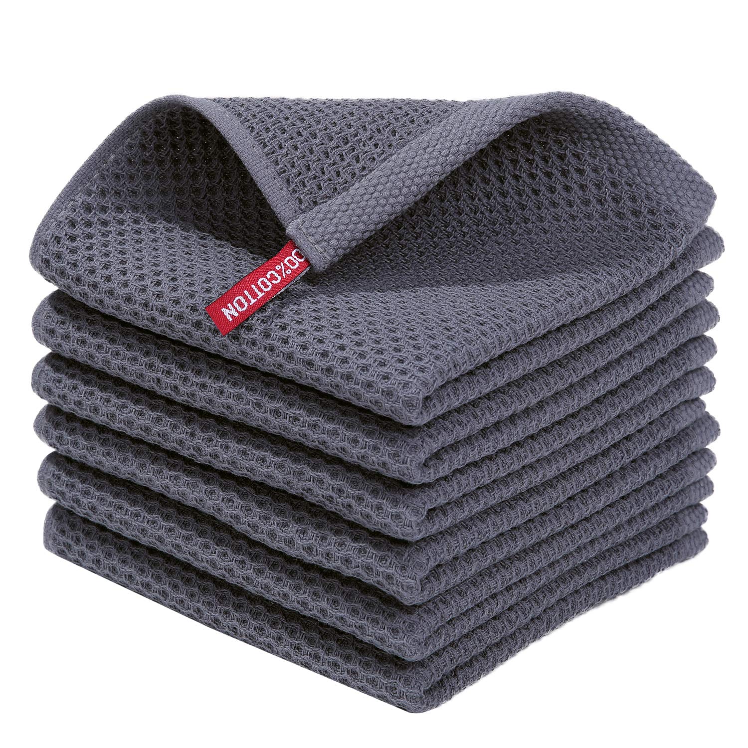 Homaxy 100% Cotton Waffle Weave Kitchen Dish Cloths 6-Pack, Dark Grey | 12 x 12 