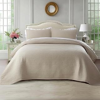 KASENTEX Oversized King Quilt Set 112x106, Soft Washed 3-Layer Lightweight | Thin 3-season quilt set for spring, summer and fall, minimalist Nordic design, 1 quilt + 2 shams, Light Taupe