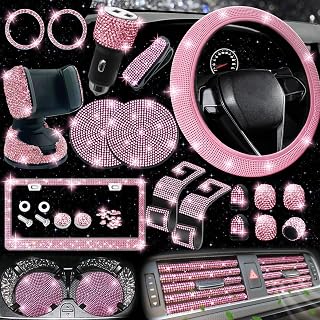 NBTEPEM 27-Piece Bling Car Accessories Set - Universal Fit Steering Wheel Covers, License Plate Frames, Phone Holder, Car Fast Charger, Coasters (Pink)