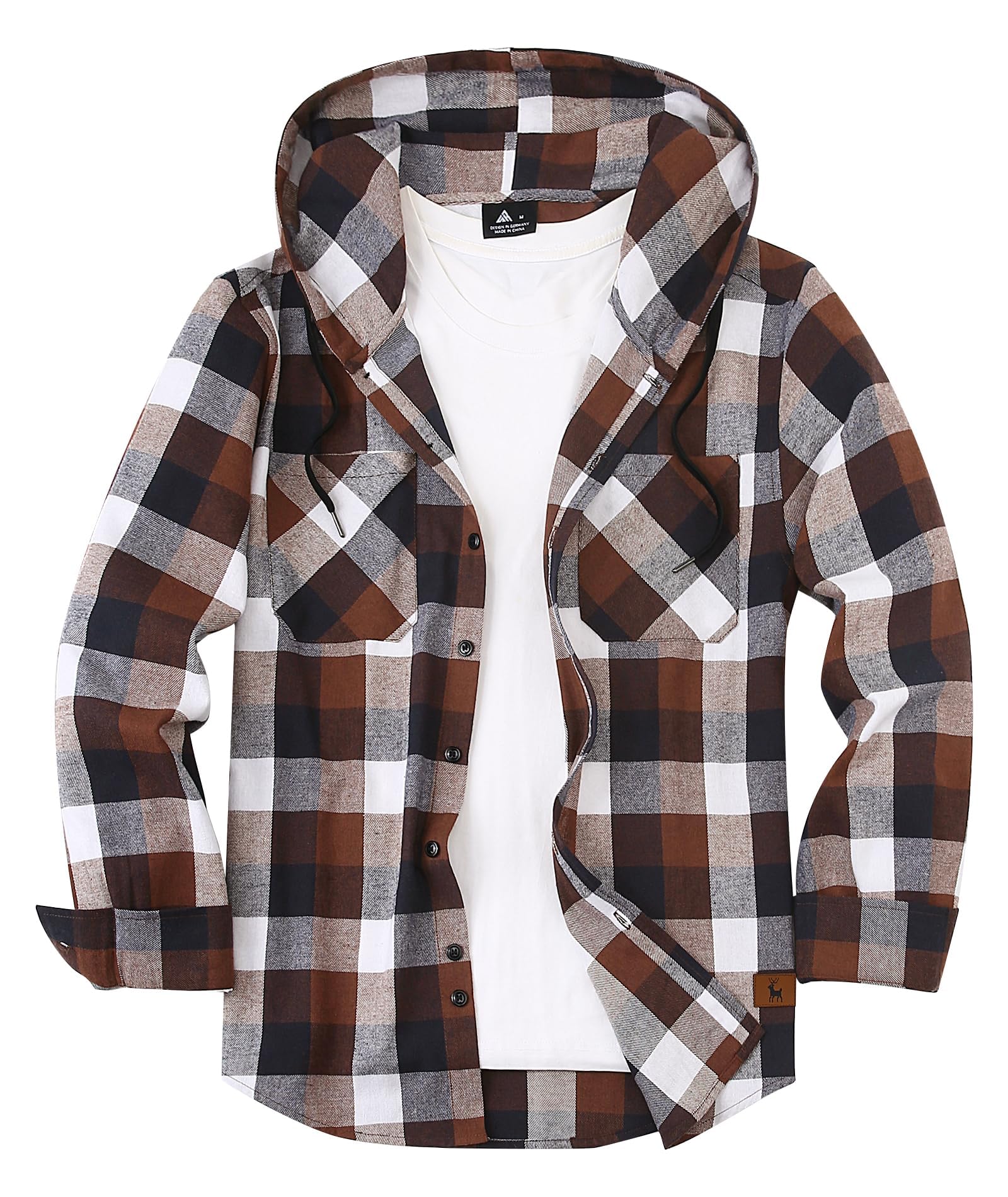 Flannel Hoodie for Men Casual Button Up Shirt Long Sleeve Plaid Hoodie with Pock