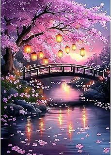 NEWENMO Landscape Fantasy Diamond Art Kits for Adults, 5D Diamond Painting Kits for Beginners, Cherry Blossom, DIY Round Full Drill Diamonds Gem Art Paint for Home Wall Decor -12x16 Inch