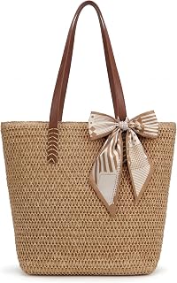 XZQTIVE Summer Khaki Beach Crochet Bags for Women Knit&Straw Woven Tote Soft Fabric Boho Shoulder Bag for Vacation Shopping