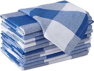 Encasa Homes Dining Table Napkins, Pack of 12, Large, 43.2 x 43.2 cm, Buffalo Blue Checked, Heavy Eco-Friendly Cotton, Self-Spun Fabric, Party, Restaurant and Banquet